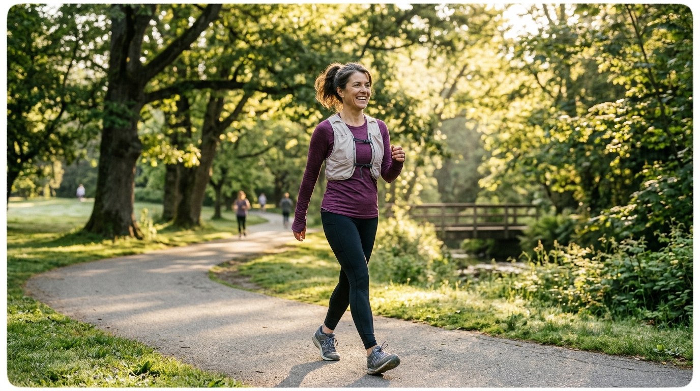 Woman walking in a sunny park