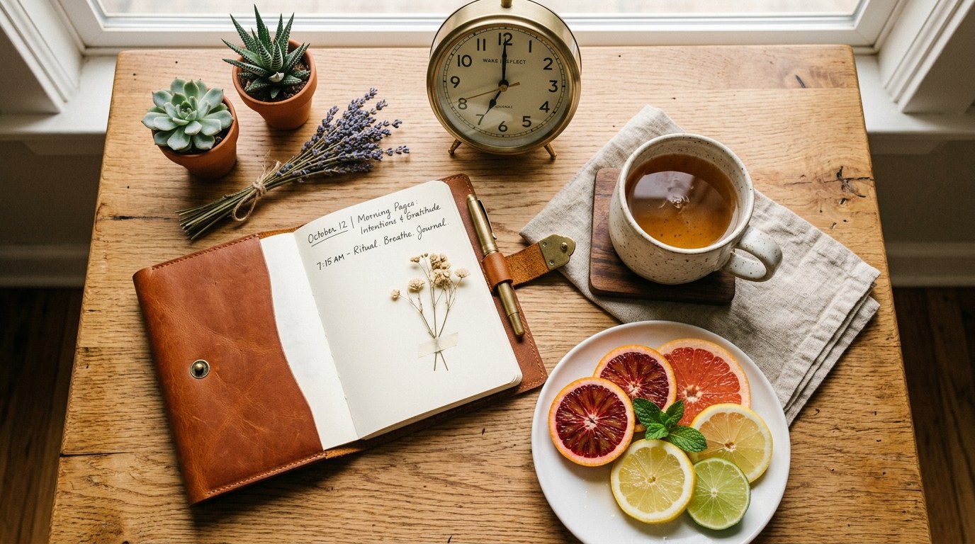 Morning wellness routine with tea and journal